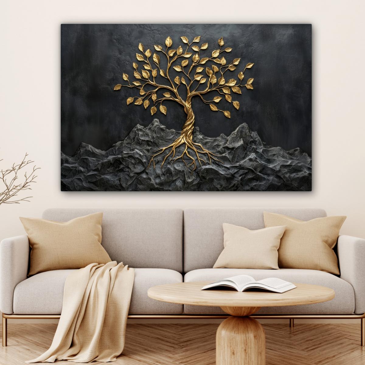 LEINWANDBILD Blätter - Gold - Baum - Fels Groß 140x90 cm - Schwarz, Textil (140/90cm) - MuchoWow