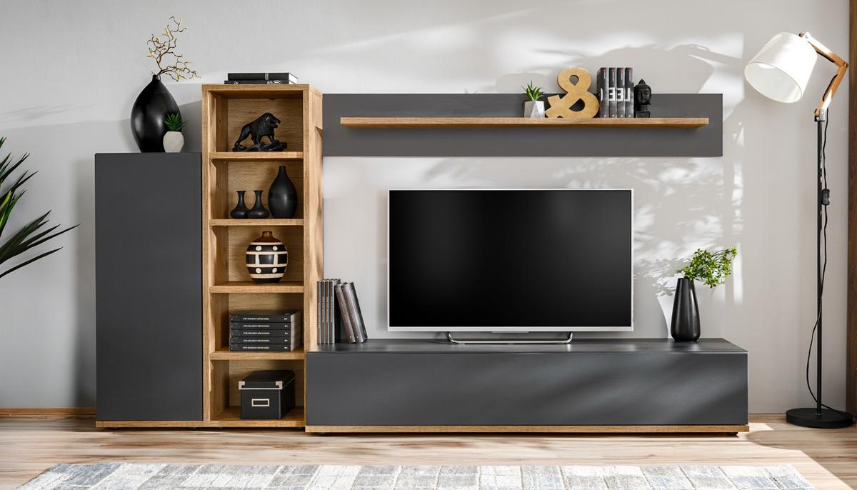 WOHNWAND grau, Wotan Eiche 240 cm, Schrankwand mit Push-to-Open - Eichefarben/Schwarz, Holzwerkstoff/Kunststoff (240/129/40cm) - Furn.Design