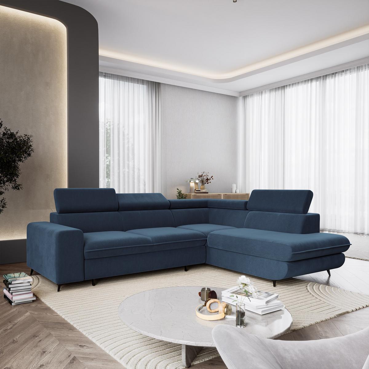 ECKSOFA VELISS Blau Veloursstoff mit Schlaffunktion - Blau, Holz (255/193cm) - MASSENO