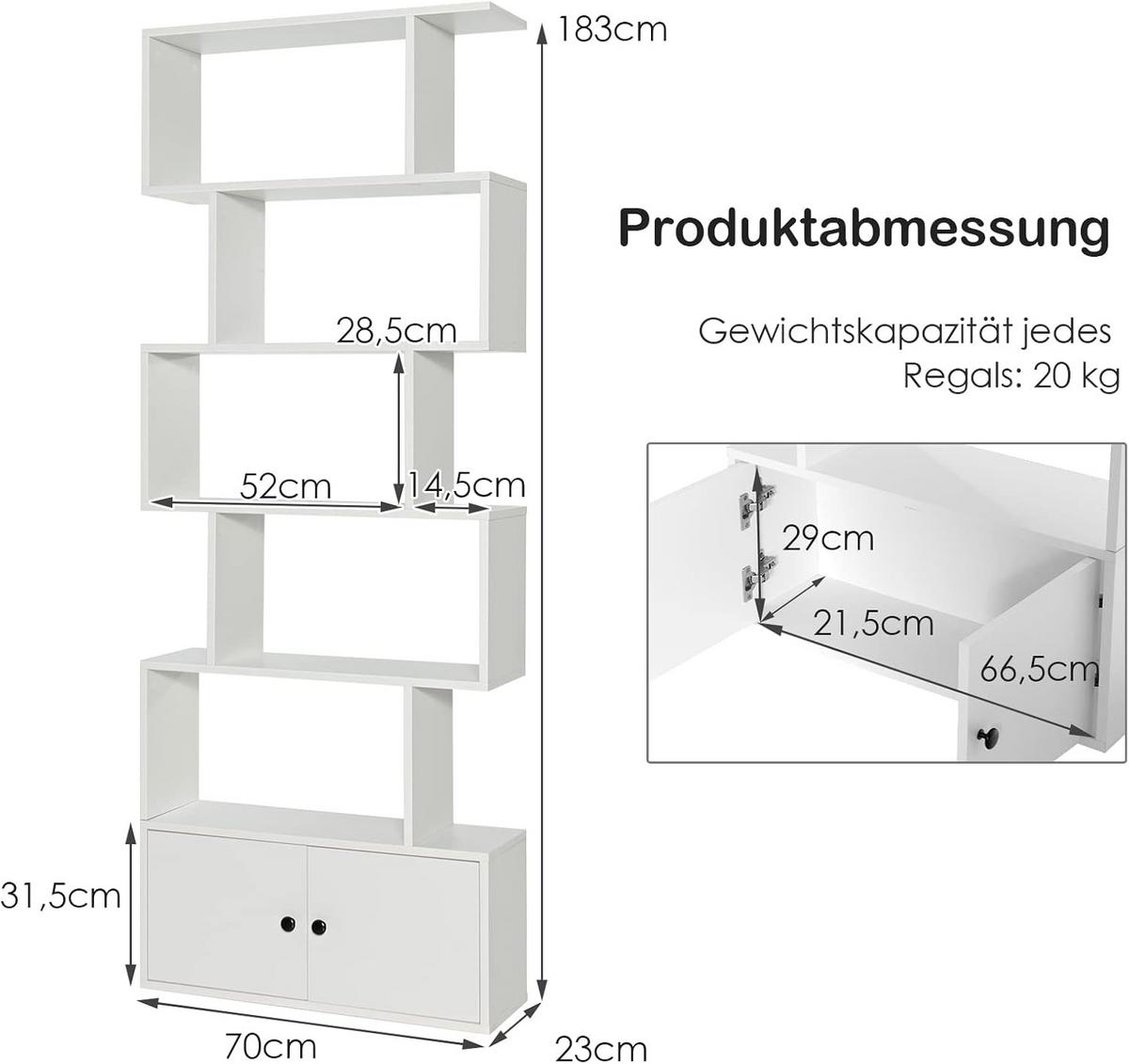 BUCHERREGAL Standregal mit Türen Weiß - Weiß, Holz (70/183/23cm) - COSTWAY