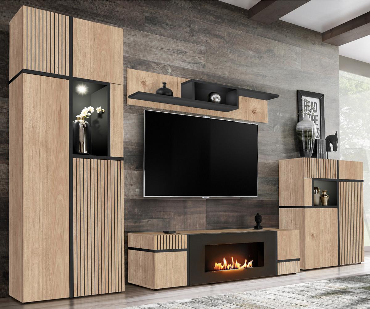 WOHNWAND Eiche Hickory, schwarz 340 cm, Schrankwand mit Kamin, inkl. LED-Beleuchtung - Eichefarben/Schwarz, Glas/Holzwerkstoff (340/197/50cm) - Inn.Furn