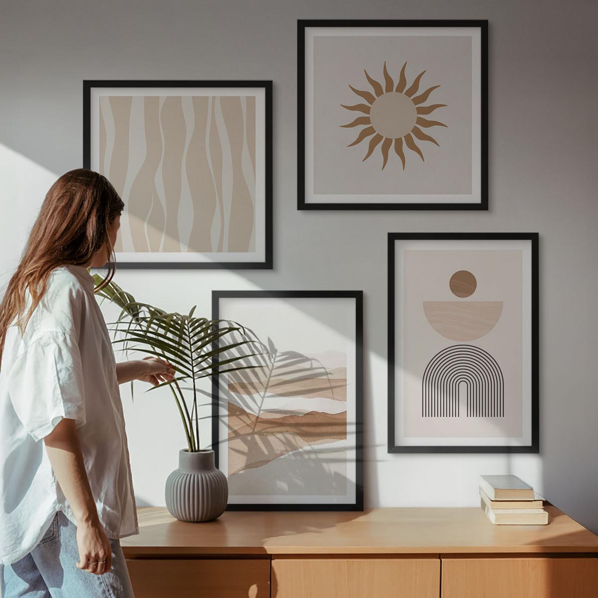 BILDER SET 4er Set - 50x50 cm & 40x60 cm Schwarzer Rahmen - Abstrakte Landschafts- und Naturgeometrie - Schwarz, Kunststoff (50/50cm) - TULUP