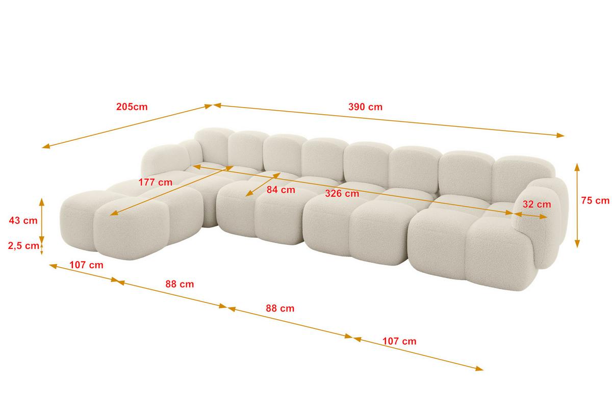 ECKSOFA modulares Sofa Links Miko-L3 390x205x75 Beige Bouclé - Sandfarben/Schwarz, Holzwerkstoff/Kunststoff (390/205cm) - ALTDECOR