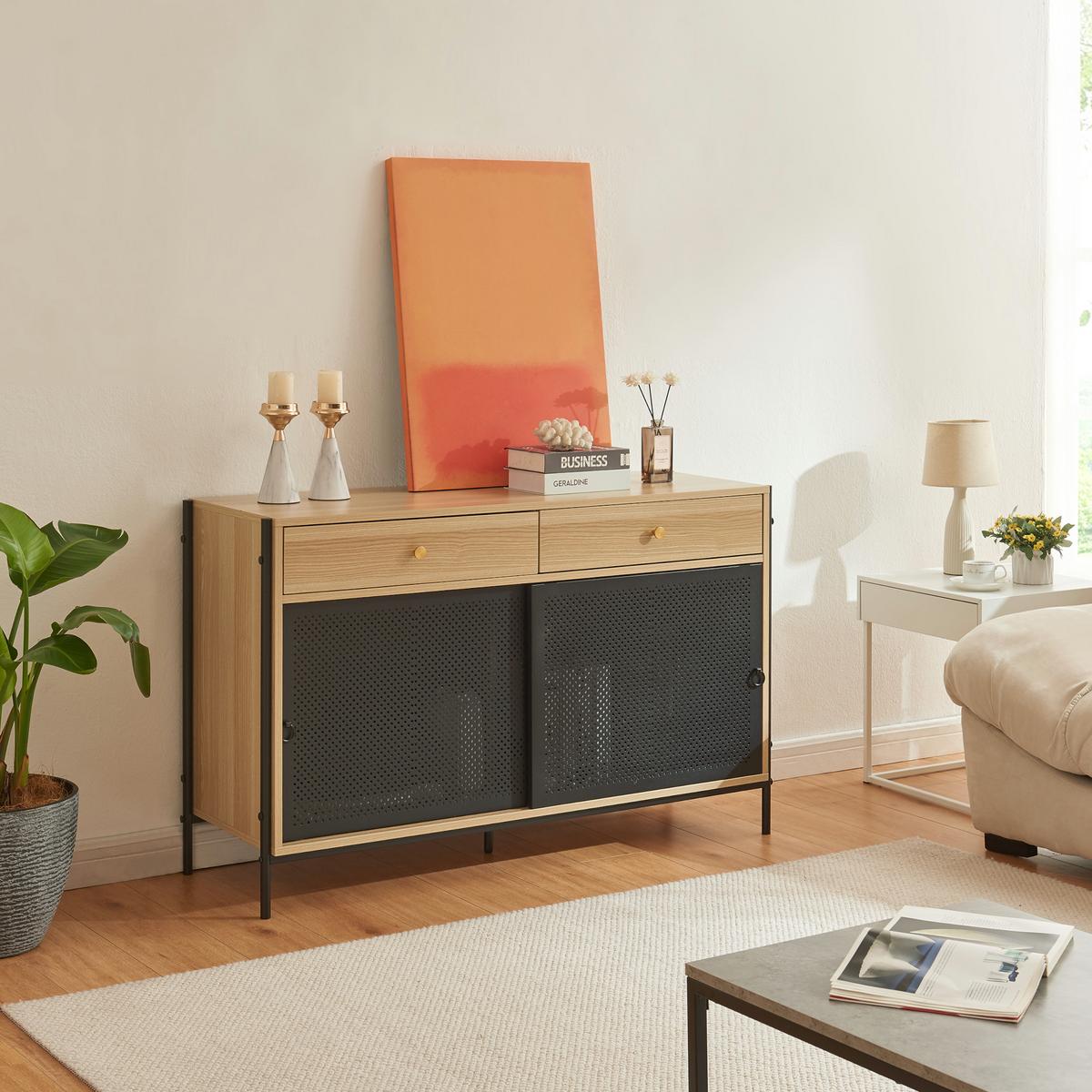 FERNSEHSCHRANK Tysnes - Eichefarben/Schwarz, Holzwerkstoff/Metall (40/75/120cm) - [en.casa]