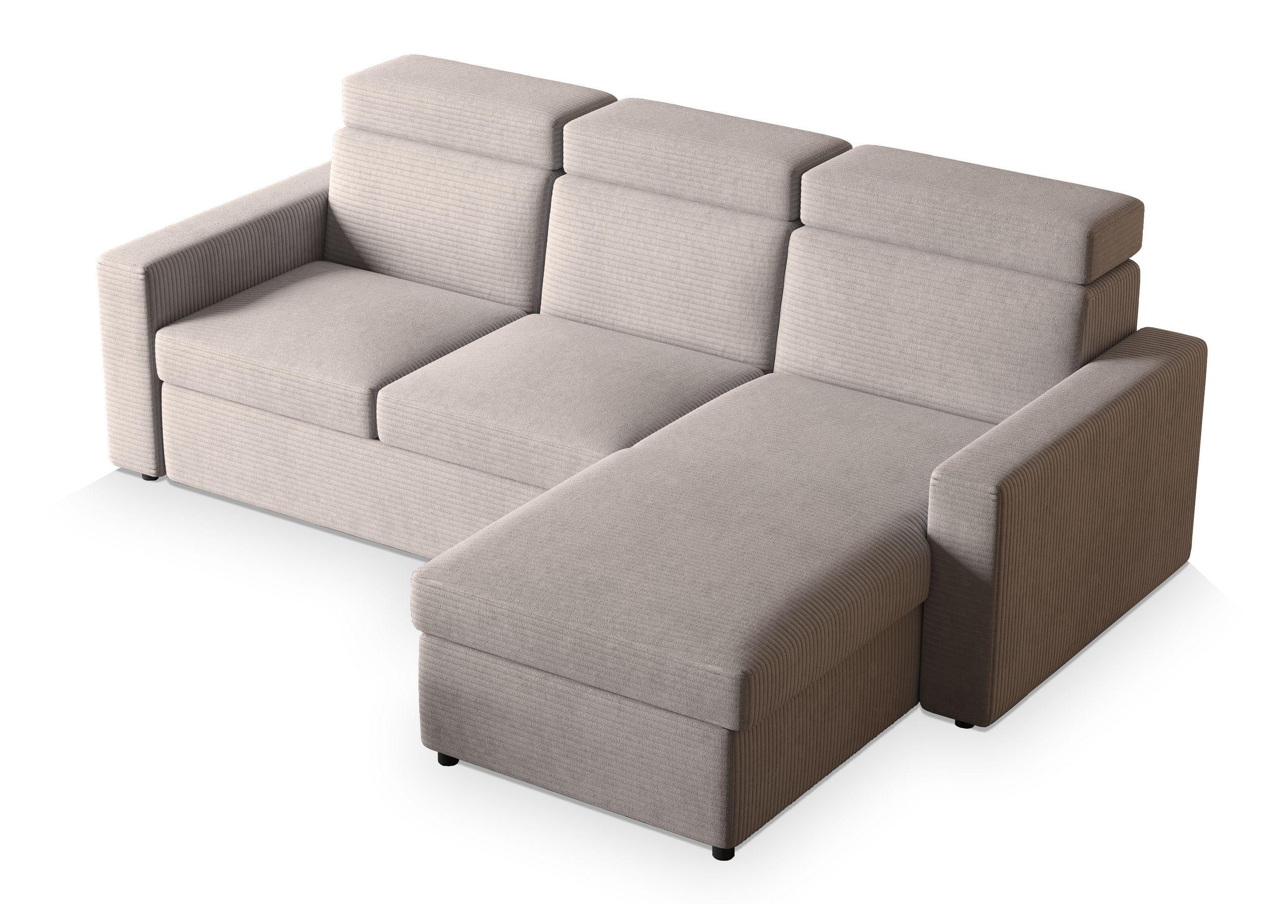 ECKSOFA PADWA Beige Kordstoff mit Schlaffunktion - Beige/Schwarz, Holz/Kunststoff (227/168cm) - MASSENO