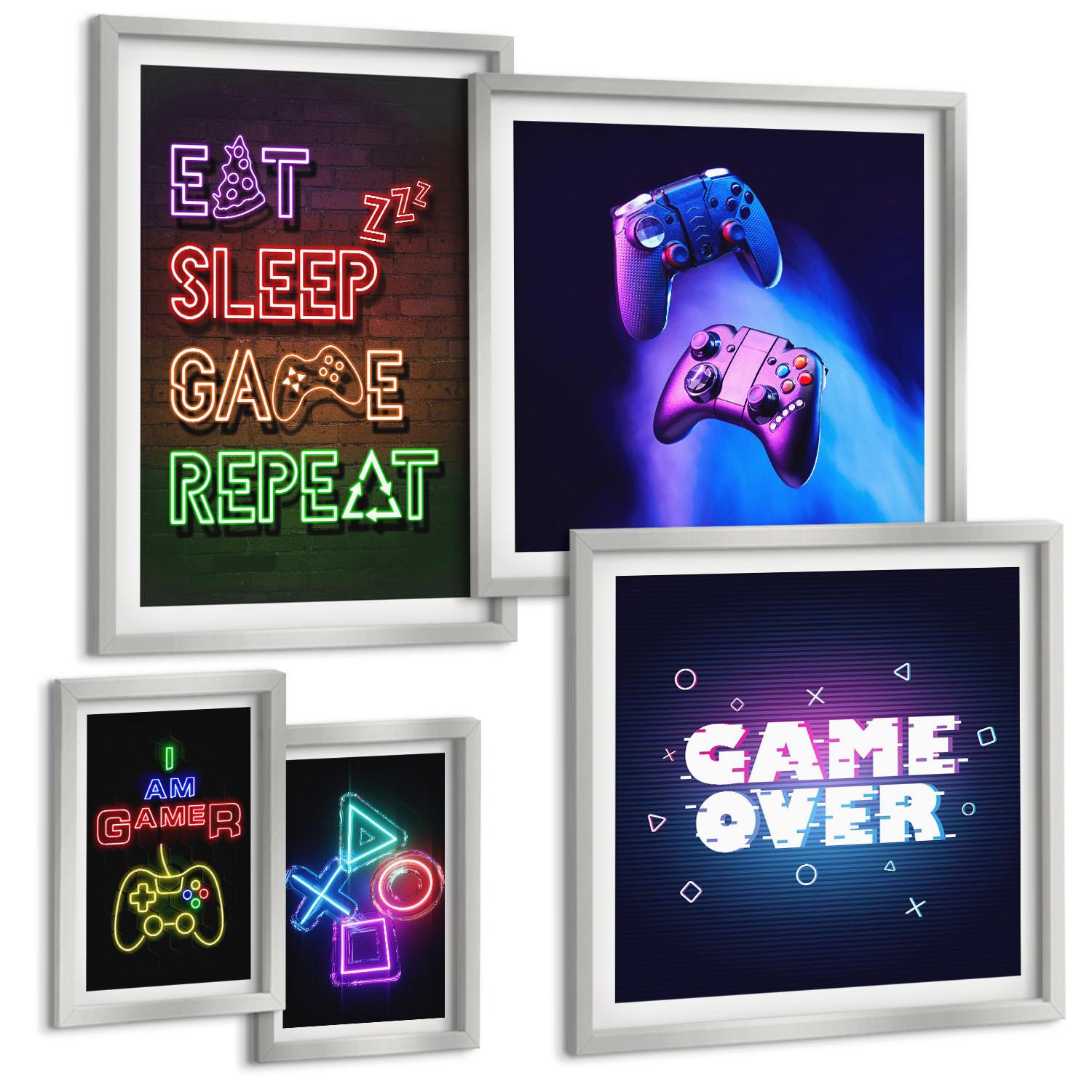 BILDER SET 5er Set - 50x50 cm & 20x30 cm & 40x60 cm Silberner Rahmen - Gamepads, Spielersymbol-Untertitel - Silberfarben, Kunststoff (40/60cm) - TULUP