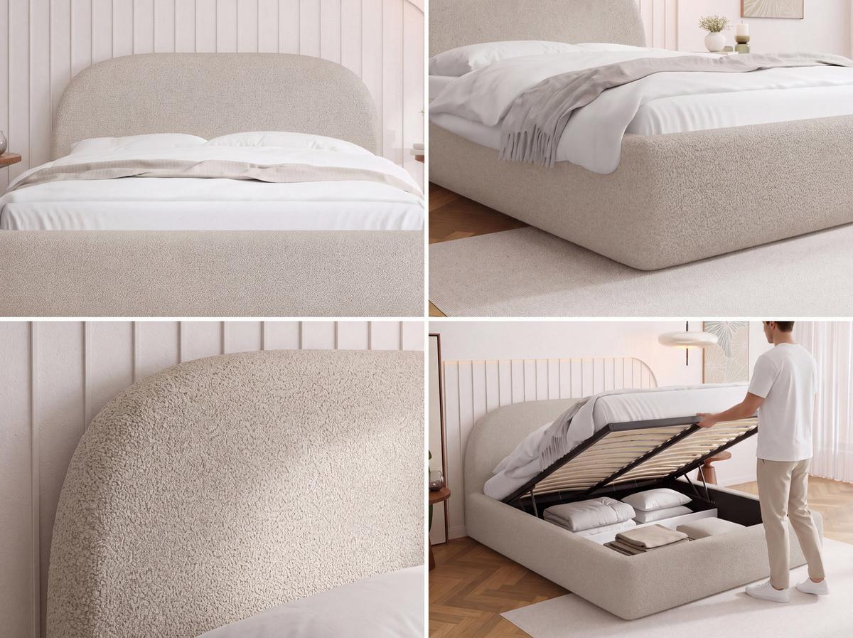 POLSTERBETT Puro mit Bettkasten, Hellgrau Boucle 140 x 200 cm – mit Metall-Lattenrost - Birkefarben/Hellgrau, Holzwerkstoff/Kunststoff (140/200cm) - WFL GROUP