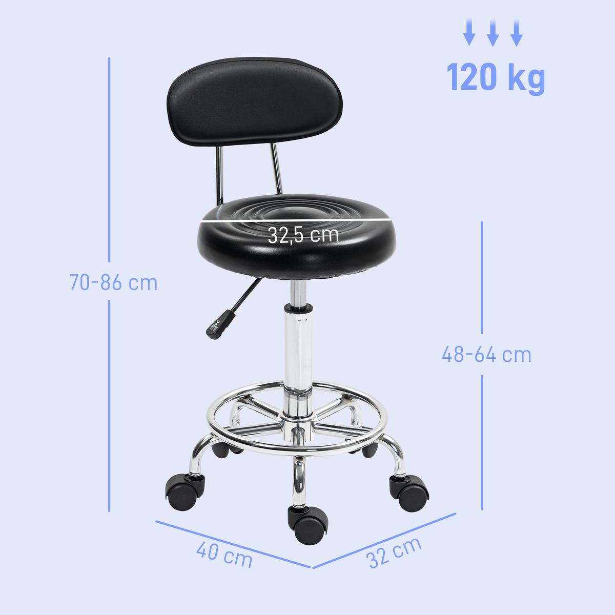 ROLLHOCKER höhenverstellbar Drehhocker Drehbar Salon Hocker mit Lehne, Rädern - Schwarz, Kunststoff (32/86/40cm) - HOMCOM