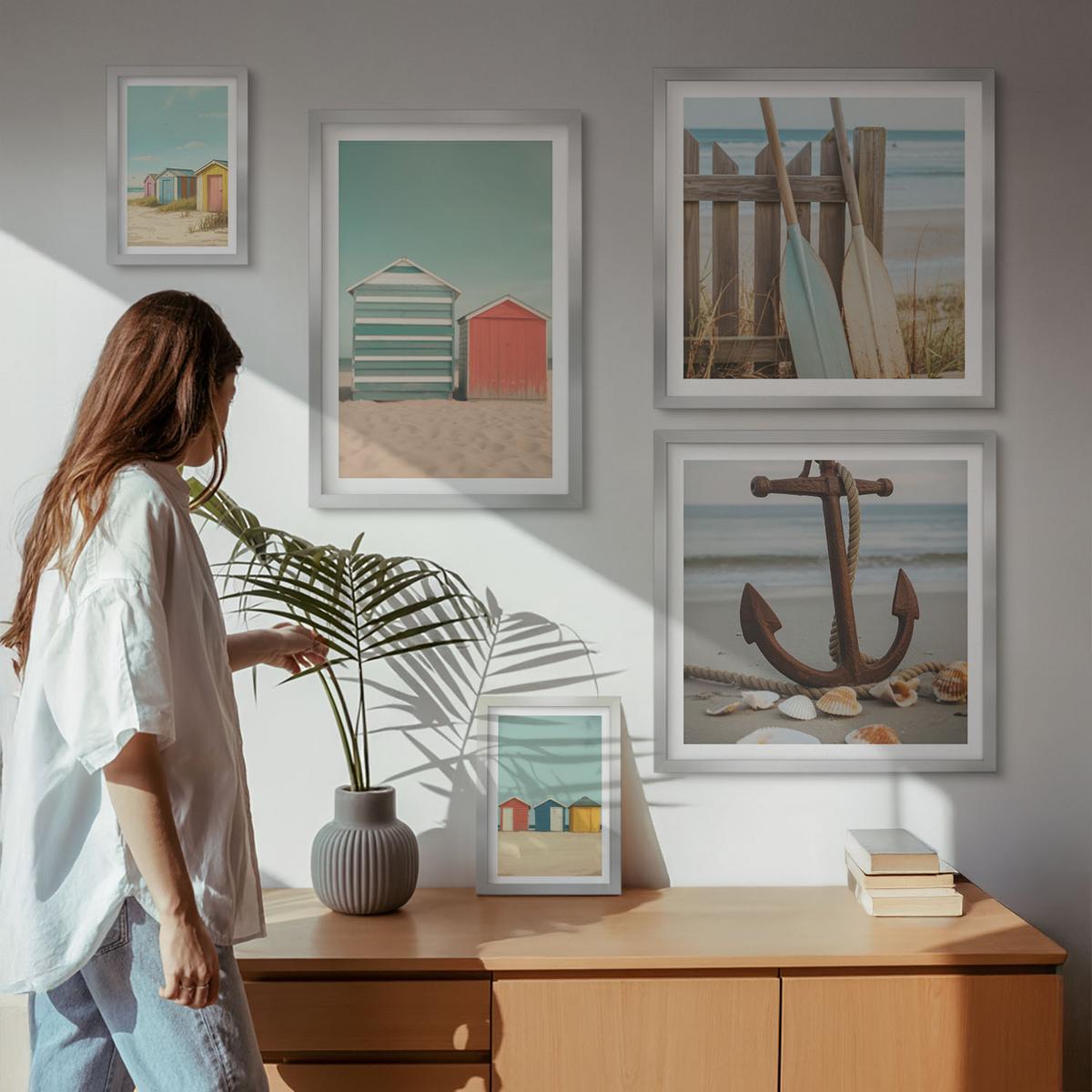 BILDER SET 5er Set - 50x50 cm & 20x30 cm & 40x60 cm Silberner Rahmen - Bunte Häuser, Strand, Sonne - Silberfarben, Kunststoff (40/60cm) - TULUP