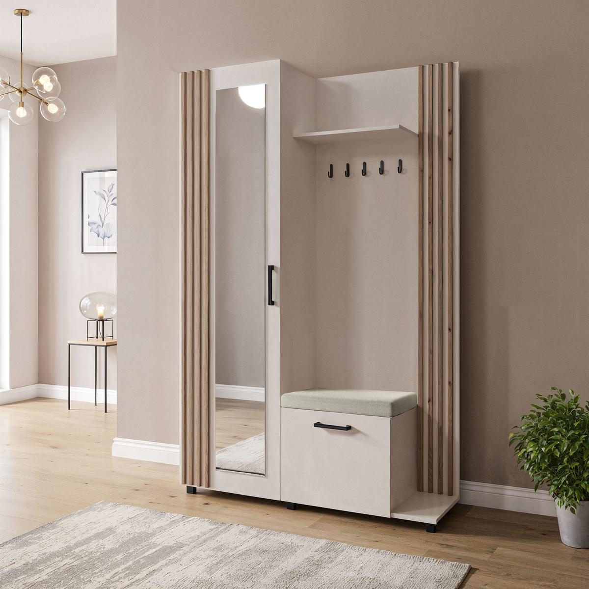 GARDEROBE Linaro mit Spiegel, Sitzbank in Lamellen-Optik 137/207/42 cm, Rechts - Kaschmir/Schwarz, Holzwerkstoff (137/207/42cm) - WFL GROUP