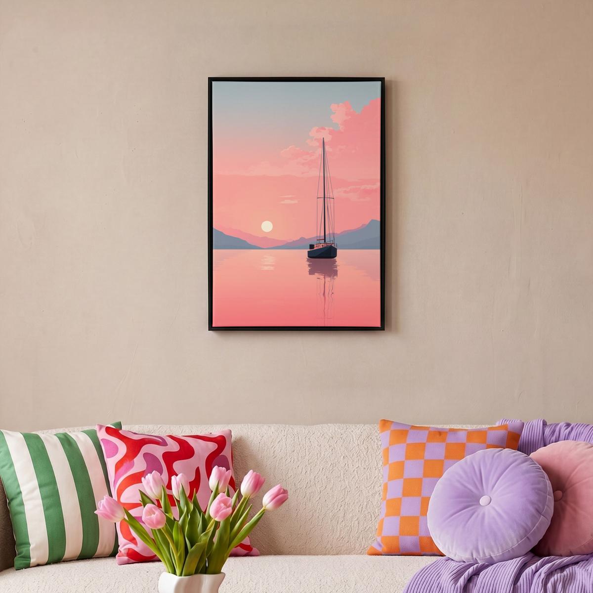 LEINWAND Bilder mit Rahmen - Segelboot - Rosa Meer - Sonnenuntergang - Berge - 40x60 - Rosa, Textil (40/60cm) - MuchoWow