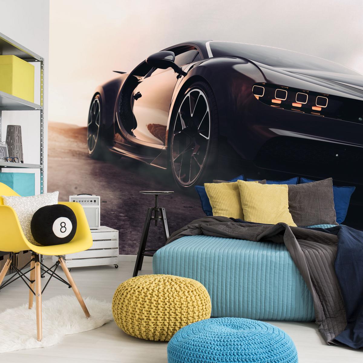 FOTOTAPETE für Jugendzimmer Schwarzer Sportwagen Wüste Luxus Auto Sand 500x350 - Gelb/Weiß, Papier (500/350cm) - Muralo