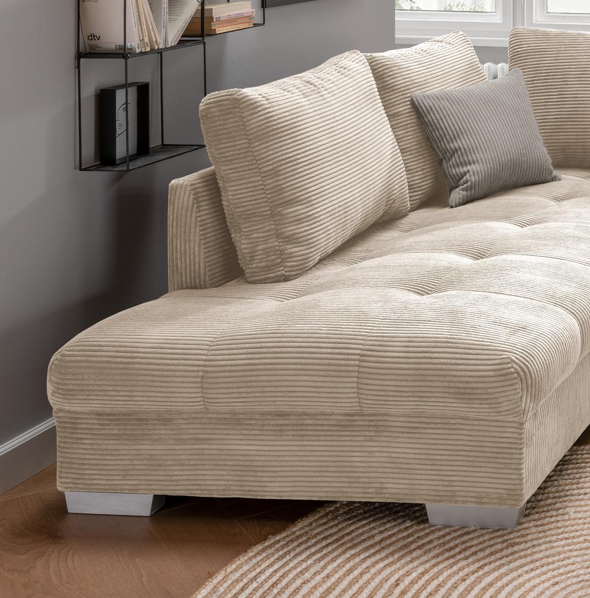 ECKSOFA mit Schlaffunktion, Wellenunterfederung, Ottomane links B298/T202/H84 cm, Liegefl. 154x227 cm, Cord Beige / 17204 - Beige/Silberfarben, Holzwerkstoff/Textil (298/202cm) - luma-home