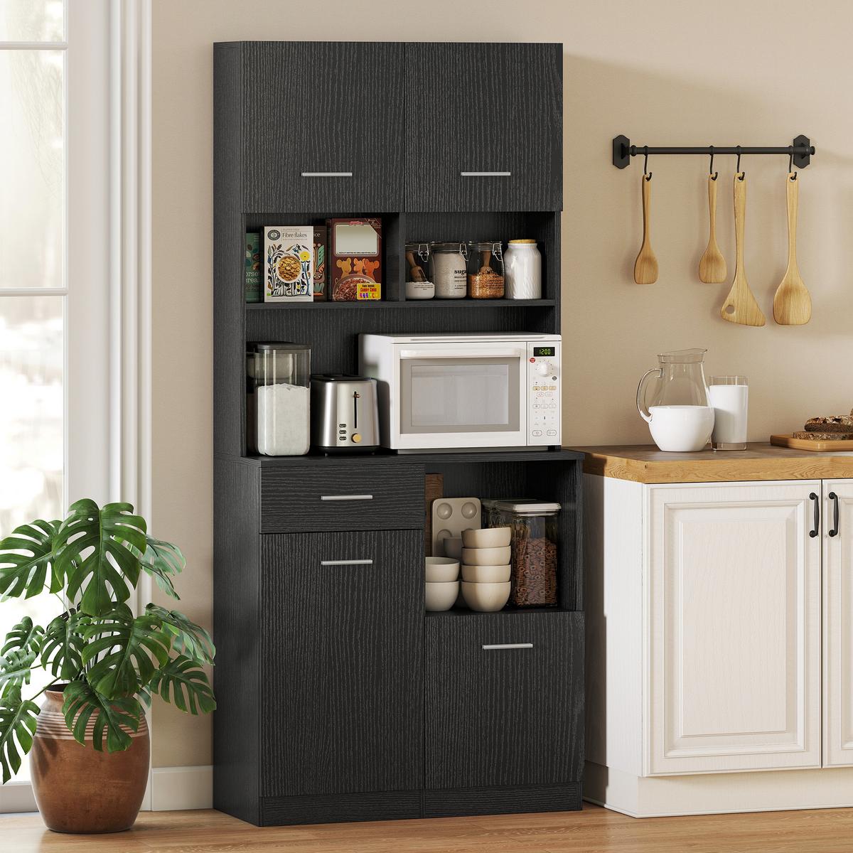 KÜCHENSCHRANK Hochschrank mit verstellbarem Regal Schublade Schwarz - Silberfarben/Schwarz, Holzwerkstoff/Metall (35/180/80cm) - HOMCOM
