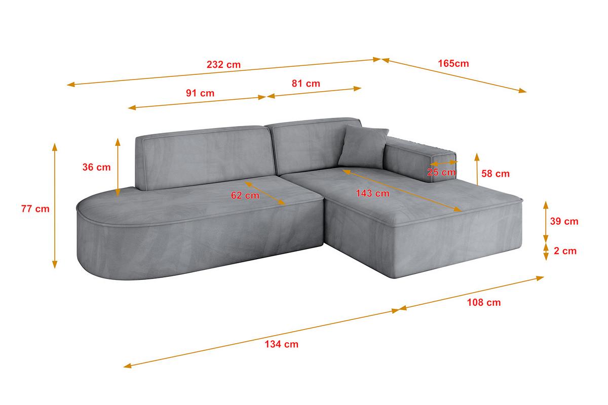 ECKSOFA Ottomane Rechts IREA-L1-v4 - 232x165x77 cm Grau - Titanfarben, Holzwerkstoff/Textil (232/165cm) - ALTDECOR