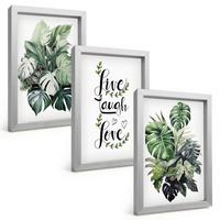 BILDER SET 3er Set - 20x30 cm Silberner Rahmen - Blattpflanzen leben, lachen, lieben - Silberfarben, Kunststoff (20/30cm) - TULUP