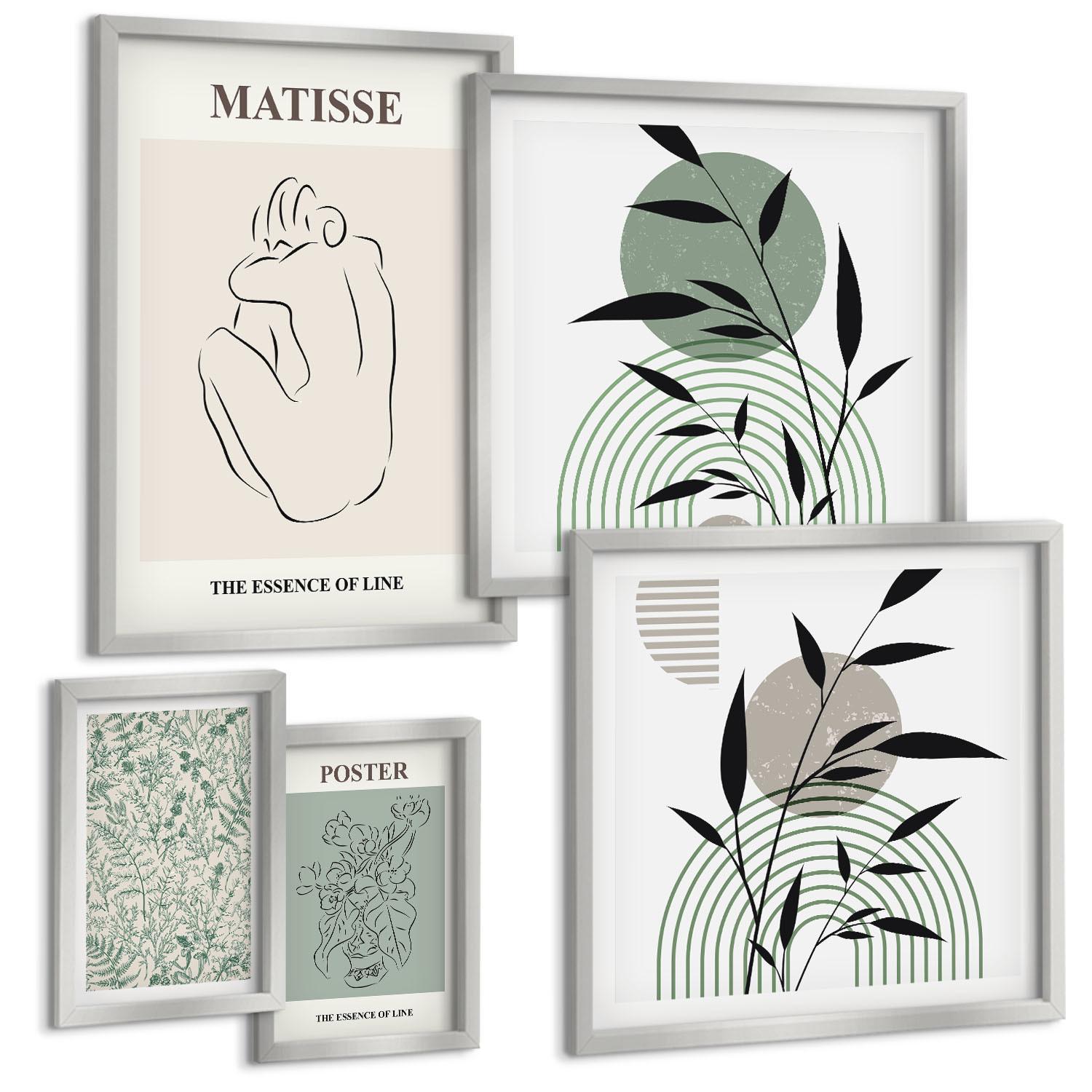 BILDER SET 5er Set - 50x50 cm & 20x30 cm & 40x60 cm Silberner Rahmen - Linien, Pflanzenmuster, Minimalismus - Silberfarben, Kunststoff (40/60cm) - TULUP