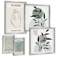 BILDER SET 5er Set - 50x50 cm & 20x30 cm & 40x60 cm Silberner Rahmen - Linien, Pflanzenmuster, Minimalismus - Silberfarben, Kunststoff (40/60cm) - TULUP