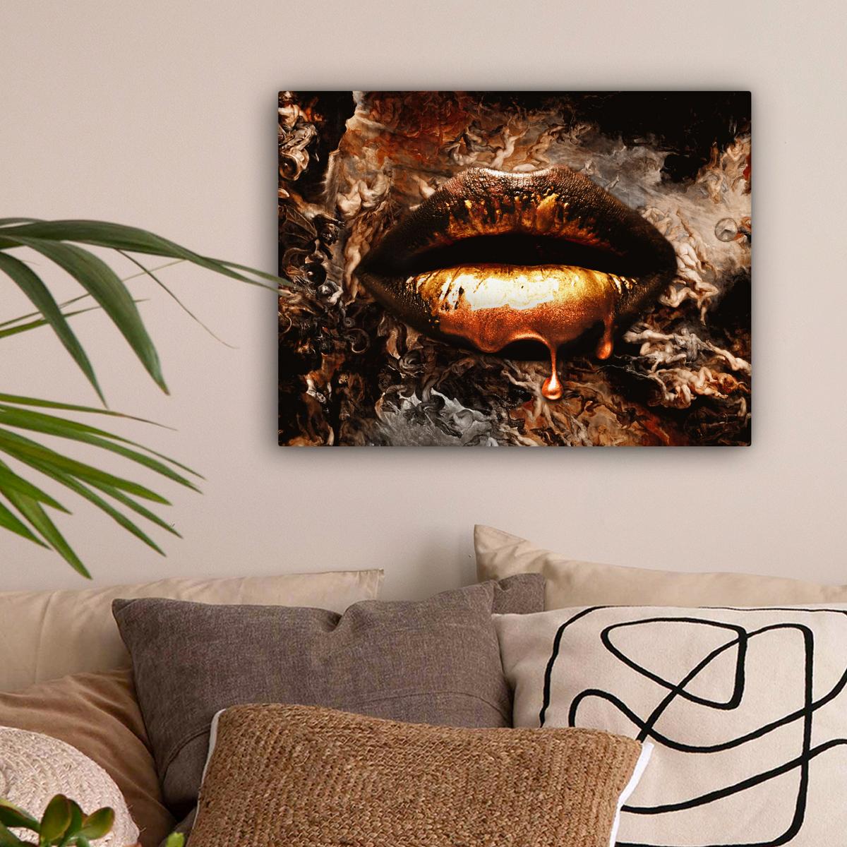 LEINWANDBILD Gold - Lippen - Kunst - Gold - Luxus - Abstrakt Wandbild 40x30 cm - Kupferfarben, Textil (40/30cm) - MuchoWow