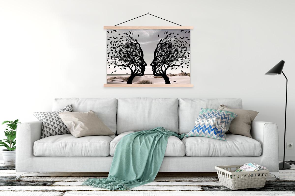POSTER MIT MAGNETLEISTEN Strand - Meer - Menschen - Baum - Moderne Kunst Magnetleiste 120x80 cm - Hellgrau, Textil (120/80/0.15cm) - MuchoWow