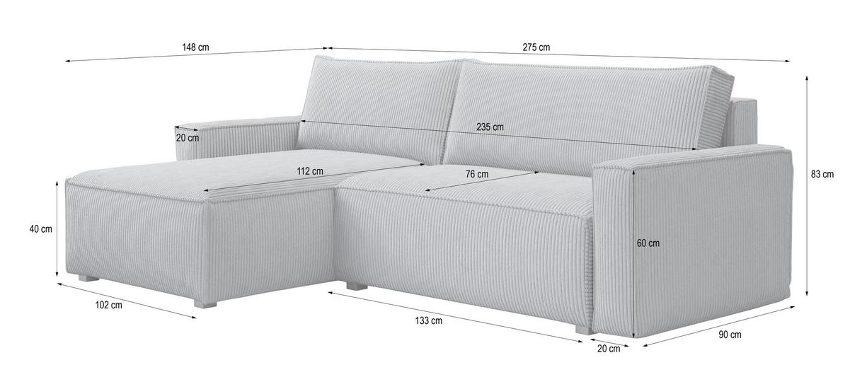 ECKSOFA BESMIR Grau Kordstoff mit Schlaffunktion - Grau, Holz (275/148cm) - MASSENO