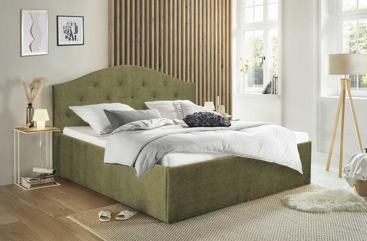 POLSTERBETT Oslo Khaki 160 x 200 x 40 cm Stauraum ohne hydraulische Funktion Mit hochwertiger Matratze H2 (bis 100 kg) und Lattenrost - Grün, Holz (160/200cm) - Halmon Schlafkomfort Betten 