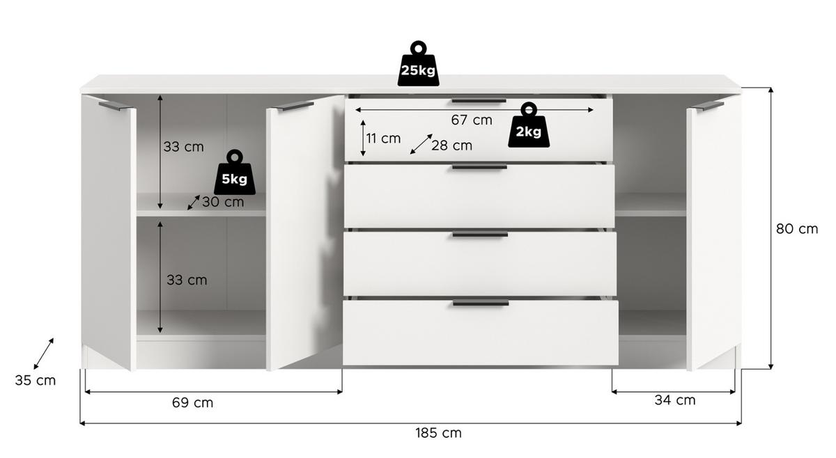 SIDEBOARD weiß 185 x 80 cm, Kommode mit viel Stauraum - Schwarz/Weiß, Holzwerkstoff/Kunststoff (185/80/35cm) - Inn.Furn