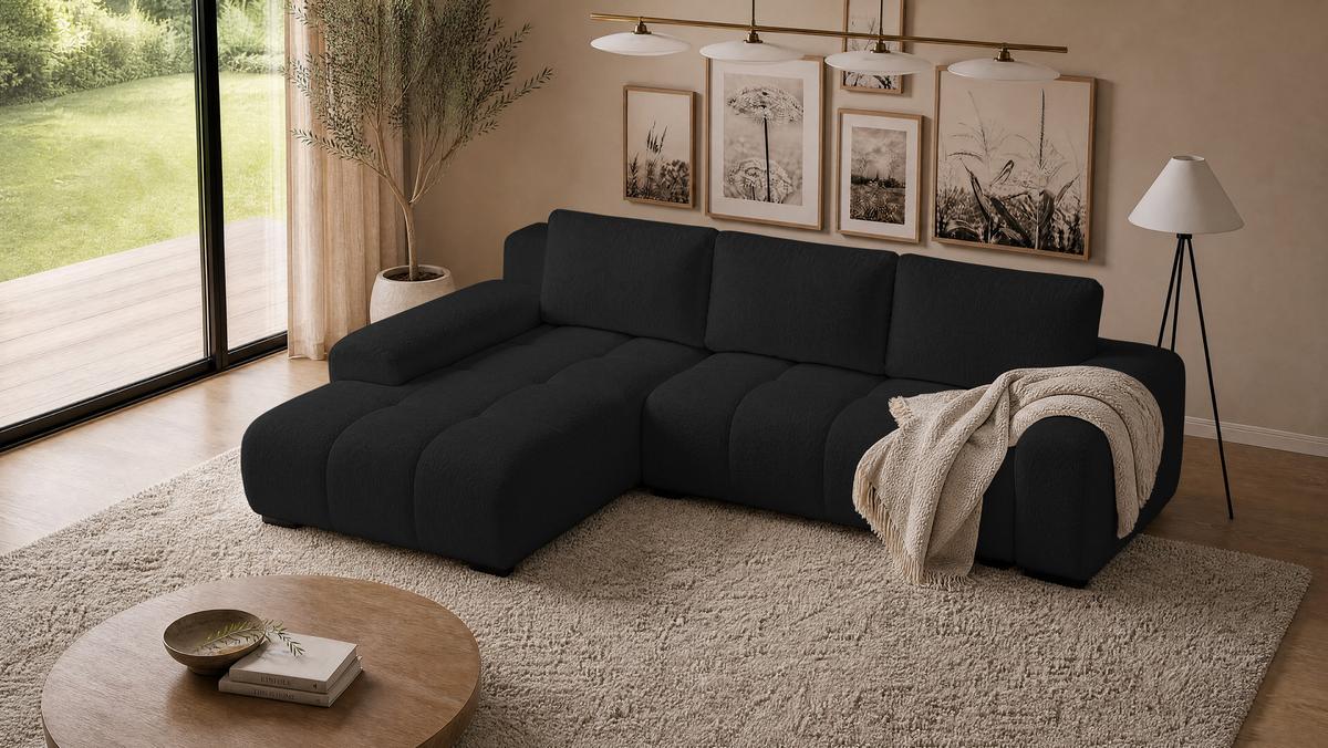 ECKSOFA Ovia mit Bettkasten und Schlaffunktion, Bouclé-Stoff in L-Form - Schwarz, Textil (270/185cm)
