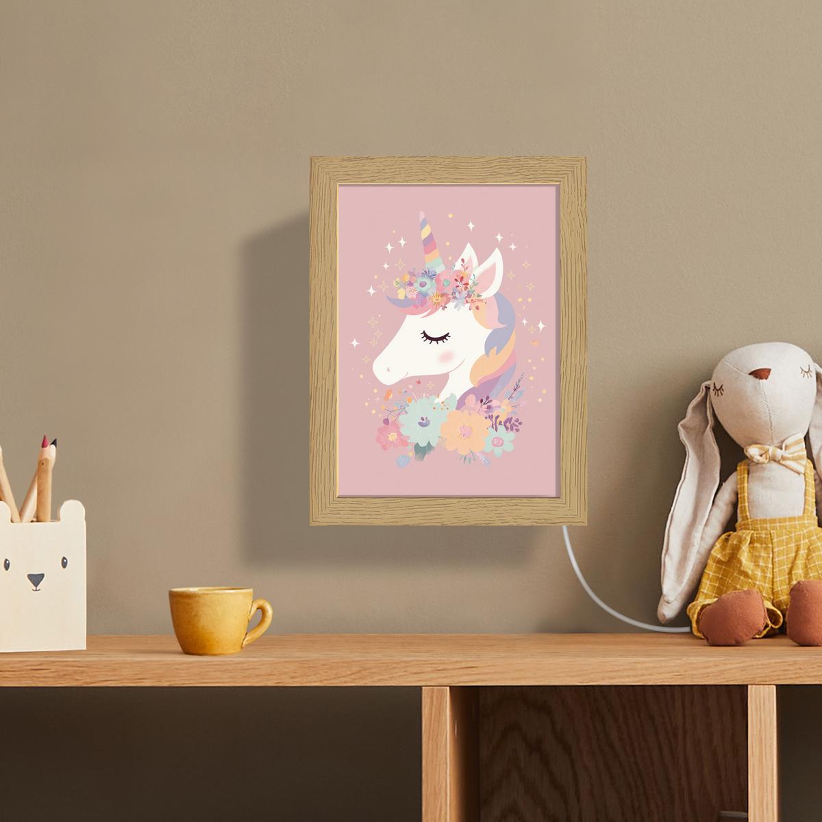 WANDLEUCHTE Einhorn - Rosa - Blumen 15x20 cm - Rosa, Holzwerkstoff (15/20/8cm) - OnlyWow