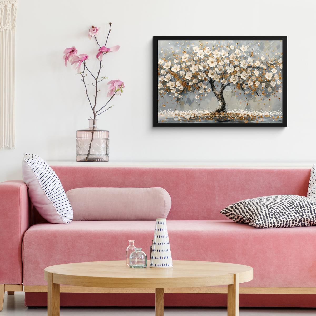 POSTER MIT RAHMENGERAHMTES BILD Baum - Blumen - Weiß - Natur - Kunst 60x40 cm - Weiß, Papier (60/40cm) - MuchoWow