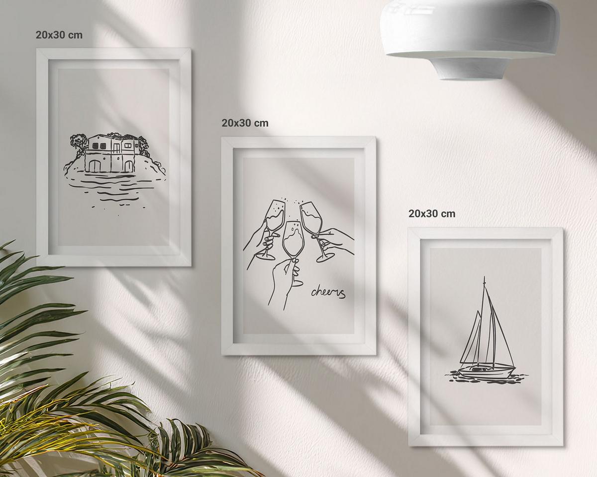 BILDER SET 3er Set - 20x30 cm Weißer Rahmen - Haus am Wasser, Segelboot-Toast - Weiß, Kunststoff (20/30cm) - TULUP