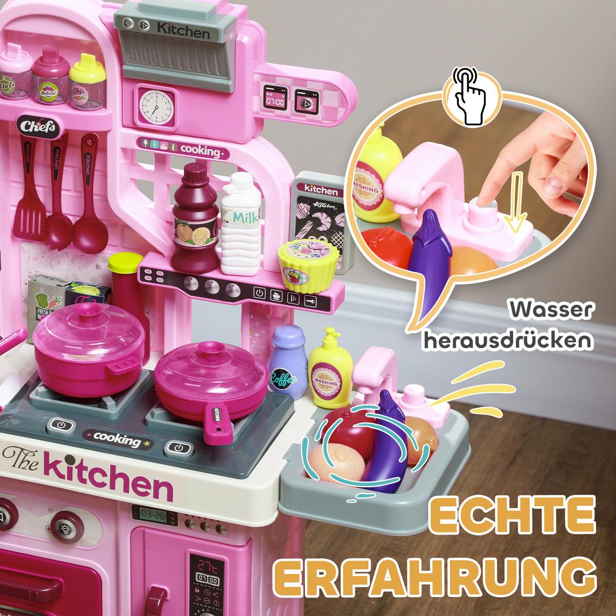 KINDERKÜCHE Spielküche mit Herd, Wasserhahn mit Druckknopf, für 3-6 Jahre, Rosa - Rosa, Kunststoff (53/22/69cm) - AIYAPLAY