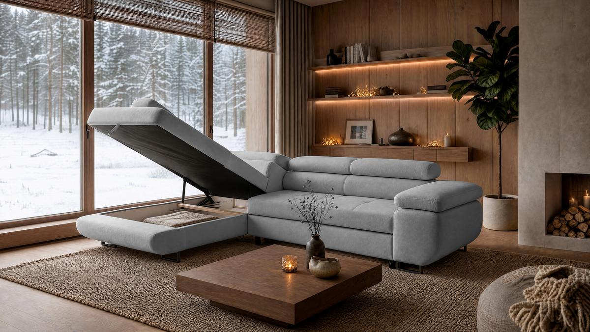 ECKSOFA Velmo mit Bettkasten und Schlaffunktion, verstellbaren Kopfstützen, in L-Form - Hellgrau, Textil (275/203cm)