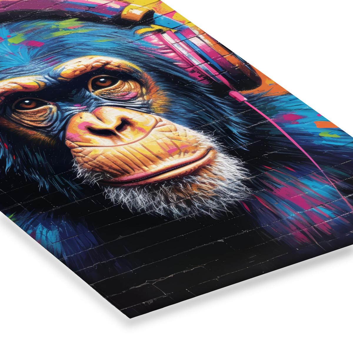 POSTER MIT RAHMEN Graffiti - Schimpanse - Straßenkunst - Kopfhörer - Affe Bilder mit Rahmen 40x60 cm - Blau, Papier (40/60cm) - MuchoWow