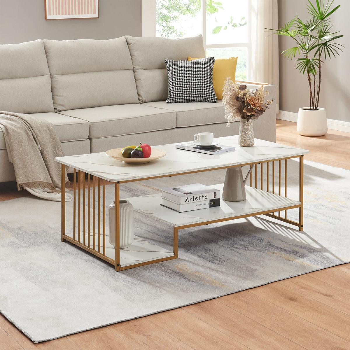 COUCHTISCH Klibro 120/60/42 cm - Goldfarben/Weiß, Holzwerkstoff/Metall (60/120/42cm) - [en.casa]