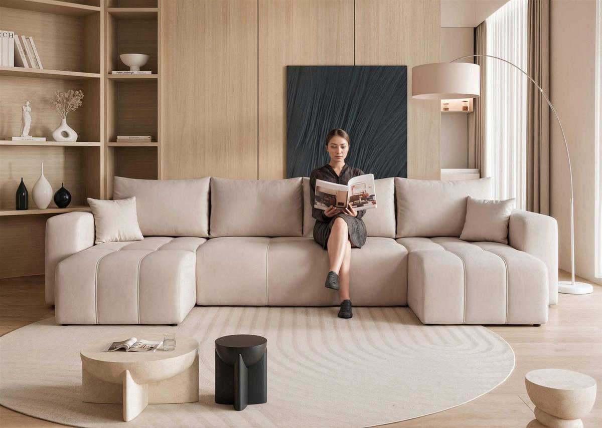 WOHNLANDSCHAFT Leros Schlaffunktion - Beige, Holzwerkstoff/Textil (318/79/145cm) - Fun Möbel