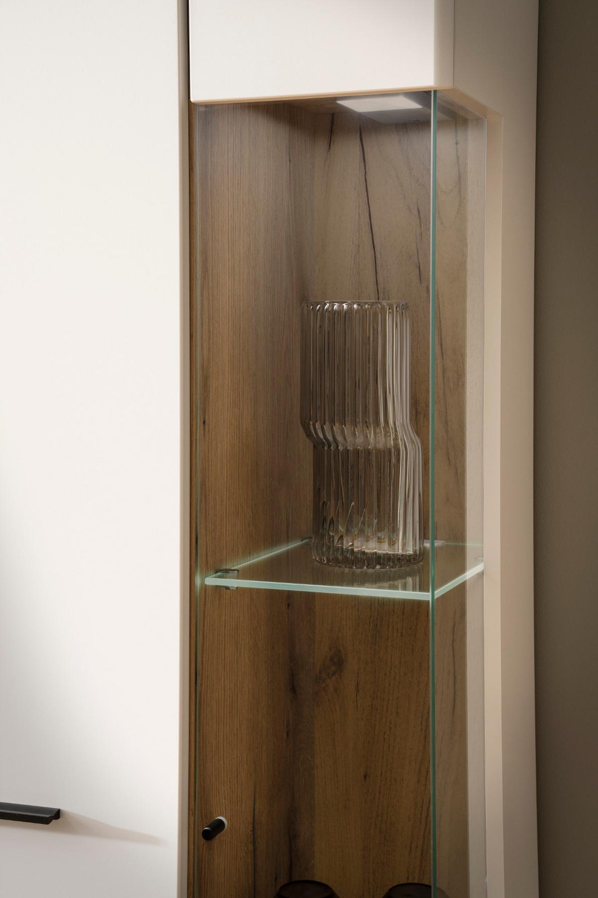 WOHNWAND weiß matt, Evoke Eiche, Wohnkombination 3-teilig, Soft-Close-Funktion - Eichefarben/Silberfarben, Glas/Holz (287/200/45cm) - Furn.Design