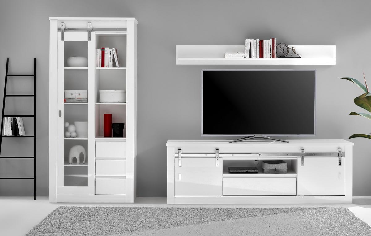 WOHNWAND weiß Hochglanz 3-teilig 309 x 201 cm, Wohnkombination mit Soft-Close - Chromfarben/Weiß Hochglanz, Glas/Holzwerkstoff (309/201/43cm) - Furn.Design