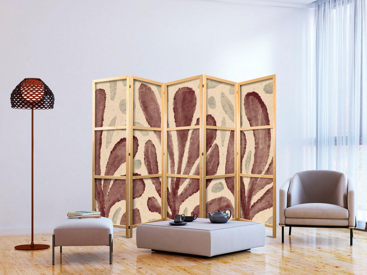 PARAVENT Japanischer 5-tlg 225x172 cm Abstrakte Bl tter - Braun, Holz/Textil (225/172/3cm) - Muralo