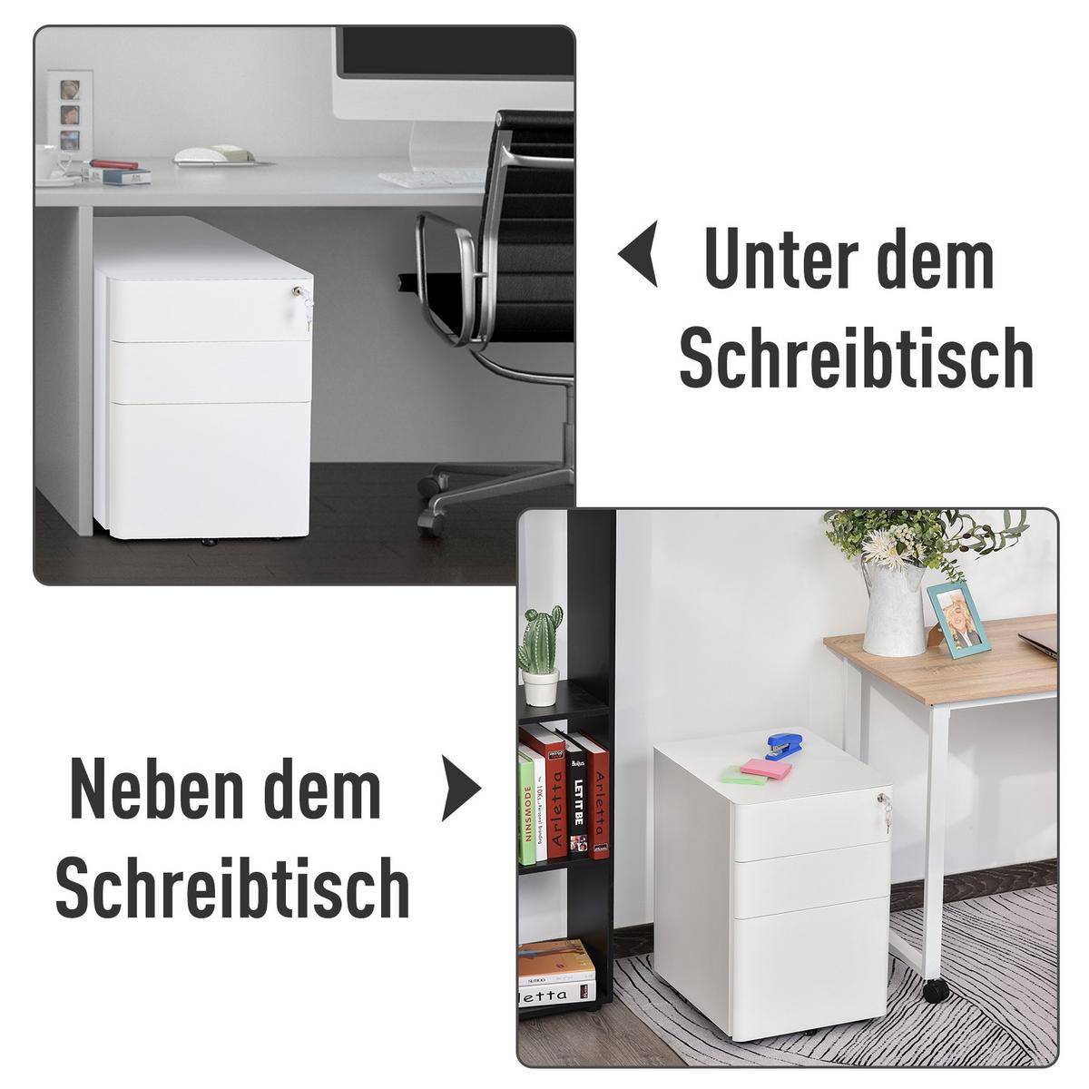 ROLLCONTAINER mobiler Aktenschrank mit 3 Schubladen Büroschrank Stahl Weiß - Weiß, Metall (48/59/39cm) - Vinsetto