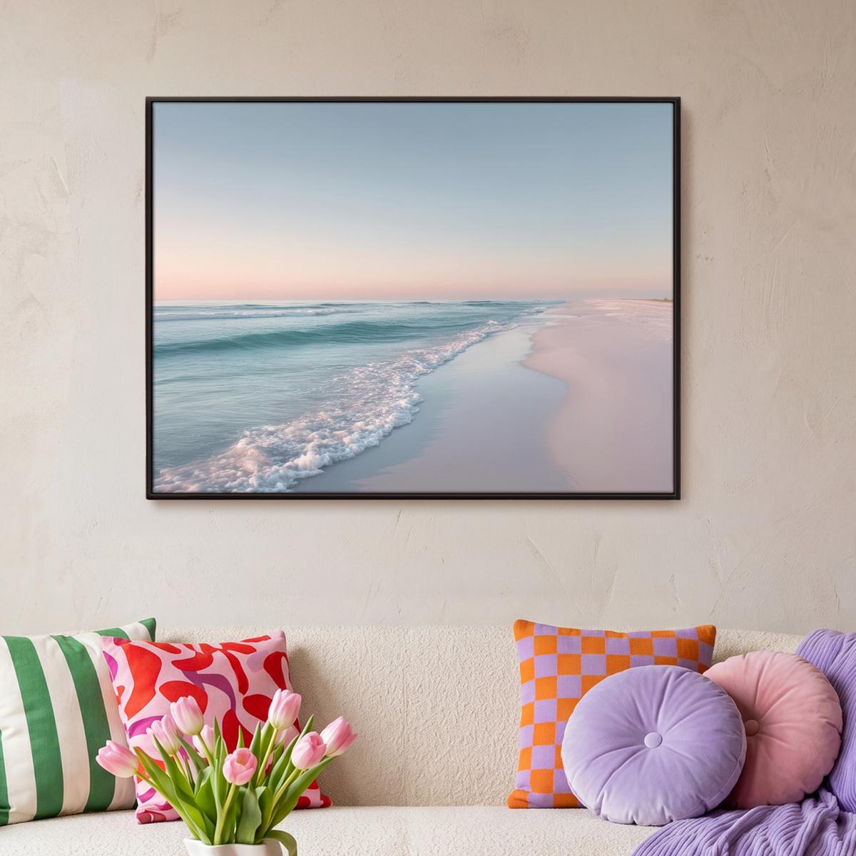 LEINWAND Bilder mit Rahmen - Küstenlinie - Pastell - Wasser - 100x70 - Pastellblau, Textil (100/70cm) - MuchoWow