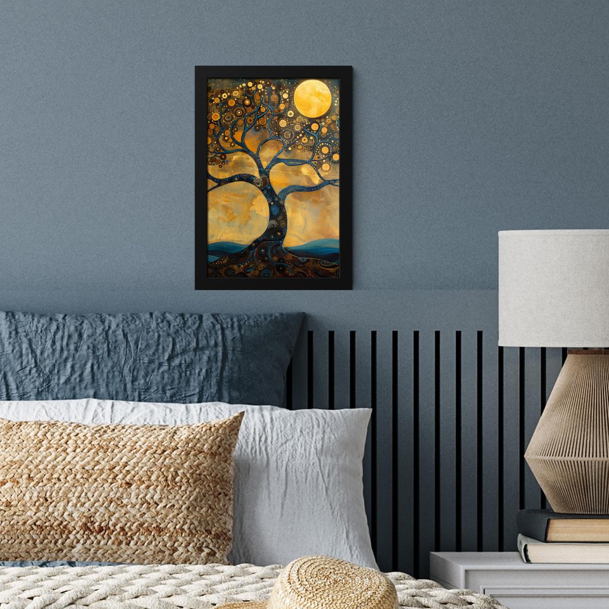 POSTER MIT RAHMEN Baum - Mond - Blumen - Gold - Kunst Poster 20x30 cm - Orange, Papier (20/30cm) - MuchoWow