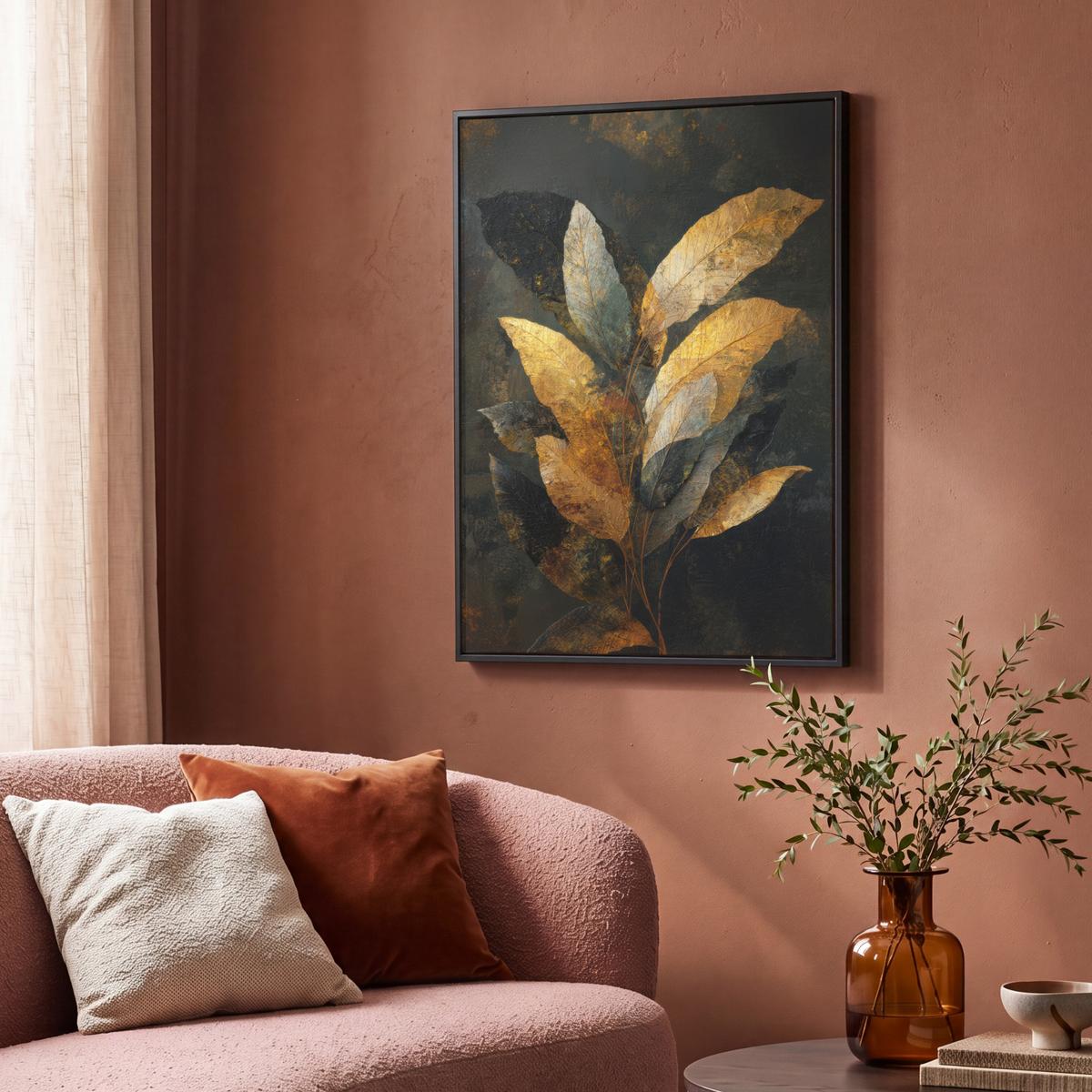 LEINWAND Bilder mit Rahmen - Golden Leaf Komposition - Botanical Luxury - 70x100 - Goldfarben, Textil (70/100cm) - MuchoWow