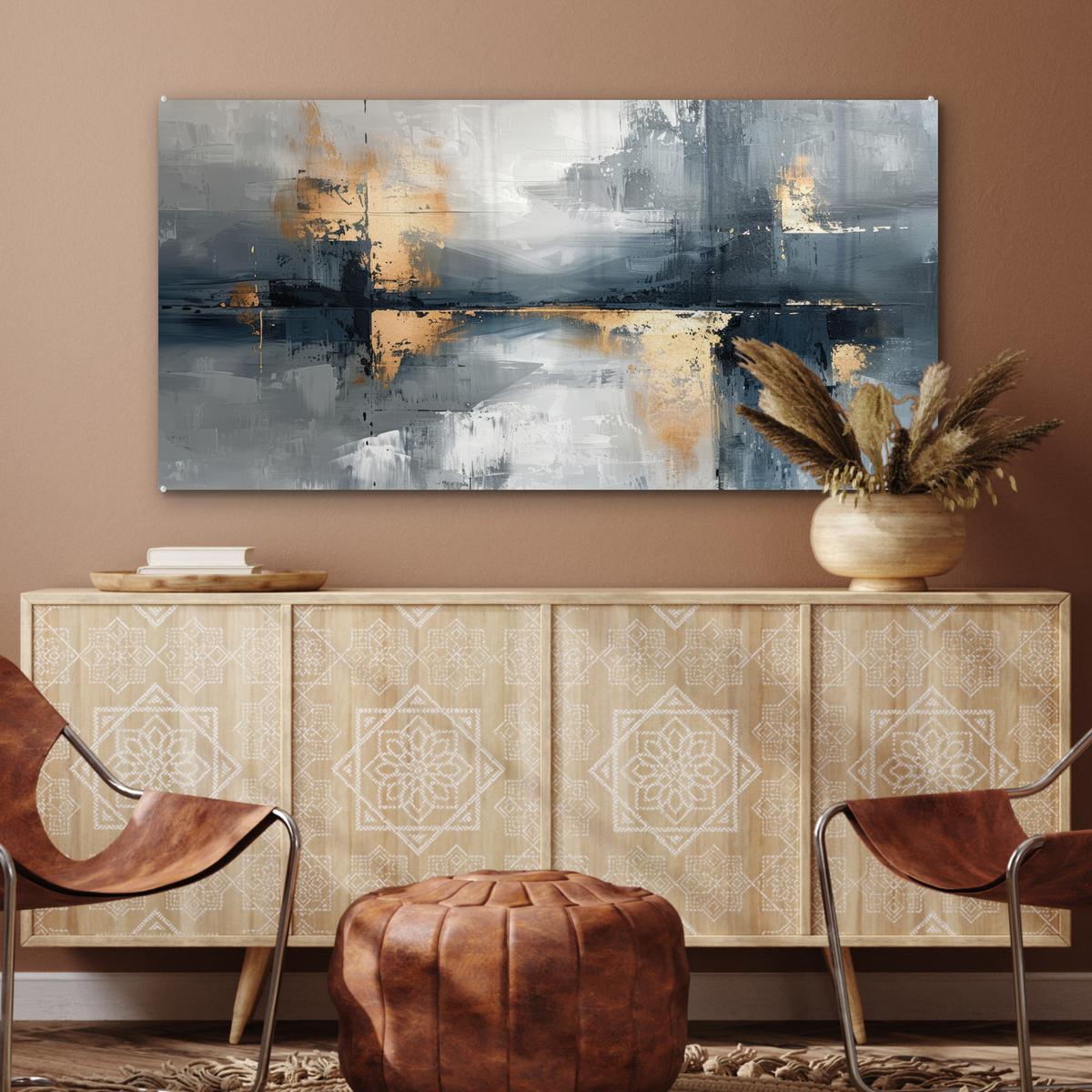 ACRYLGLASBILD Kunst - Grau - Gold - Abstrakt 120x60 cm - Dunkelgrau, Glas (120/60cm) - MuchoWow