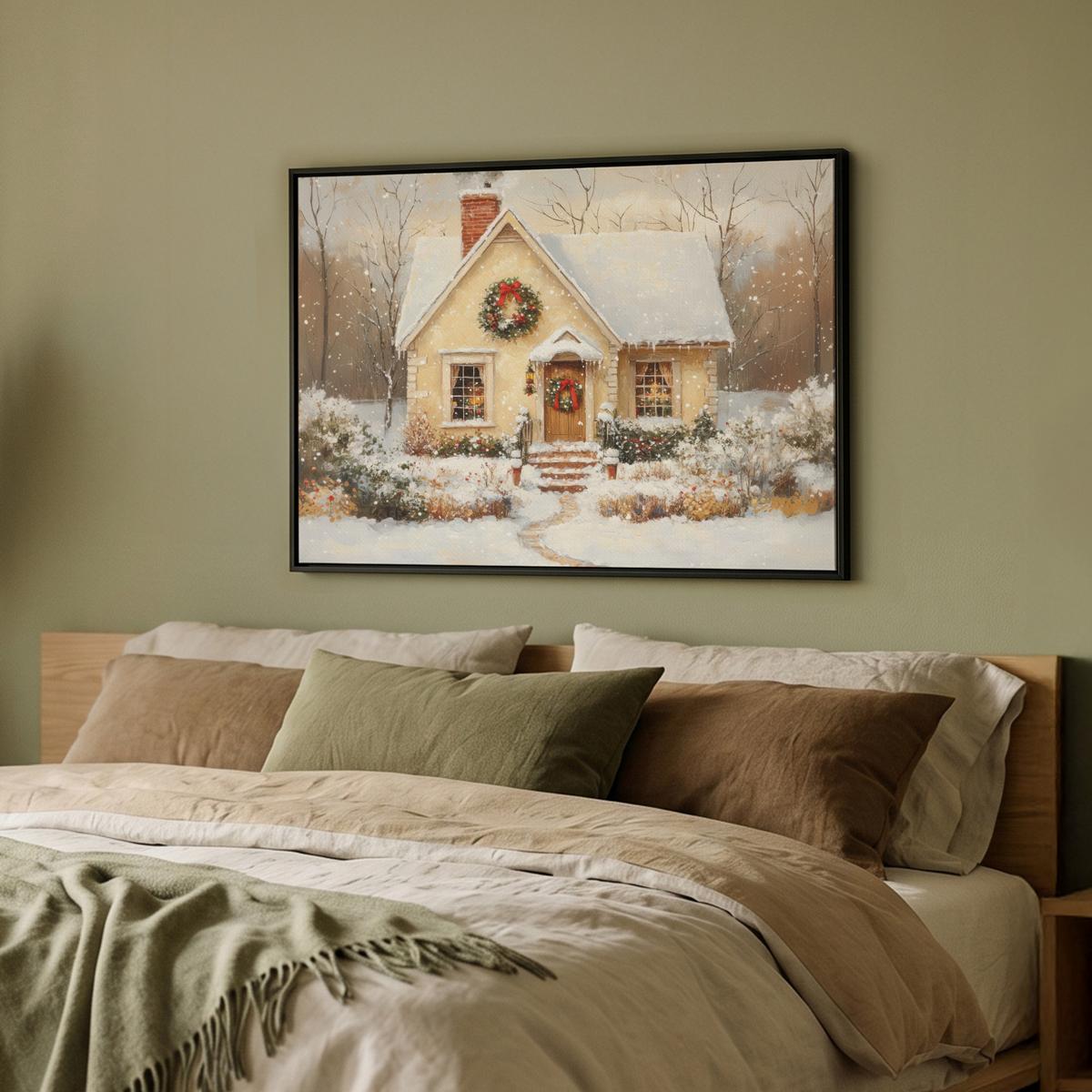 LEINWAND Bilder mit Rahmen - Weihnachten - Zuhause - Winter - Schnee - 80x60 - Creme, Textil (80/60cm) - MuchoWow