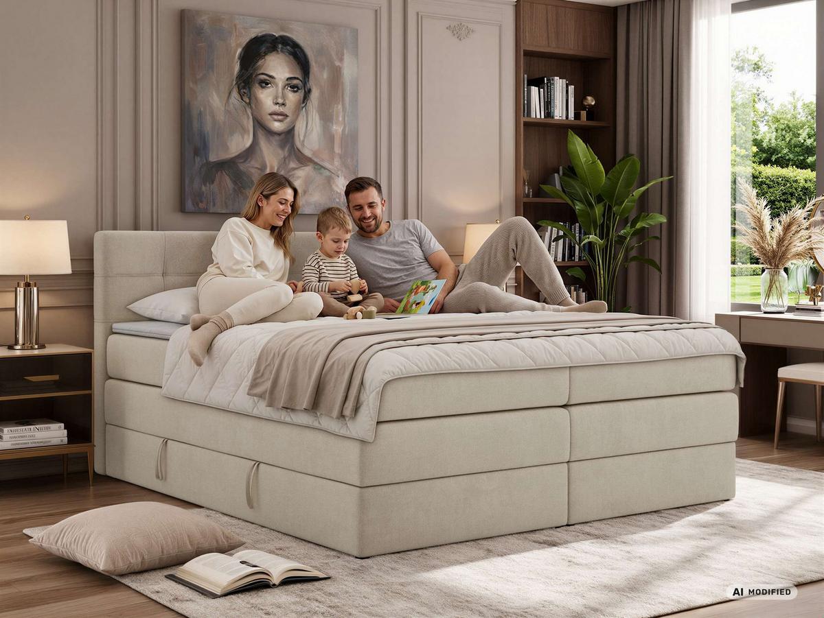 BOXSPRINGBETT SOLVEN KING 140/200 - Hellgrau Jersey - Topper Visco - H4 - Hellgrau/Schwarz, Kunststoff/Textil (140/200cm) - MKS