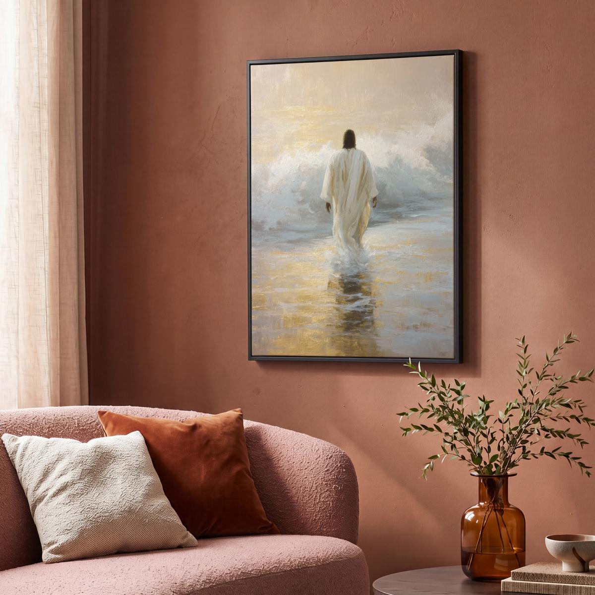LEINWAND Bilder mit Rahmen - Gemälde - Welle - Jesus - Abstrakt - 70x100 - Goldfarben, Textil (70/100cm) - MuchoWow