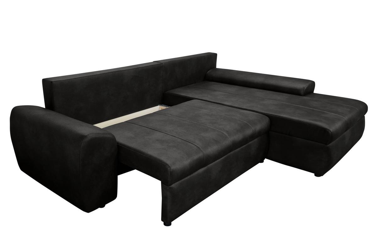 ECKSOFA mit Schlaffunktion, Bettkasten, Wellenunterfederung, Ottomane rechts B266/T186/H90 cm, Mikrofaser Leder-Optik Vintage Schwarz / 18013 - Schwarz, Kunststoff/Textil (266/186cm) - luma-home