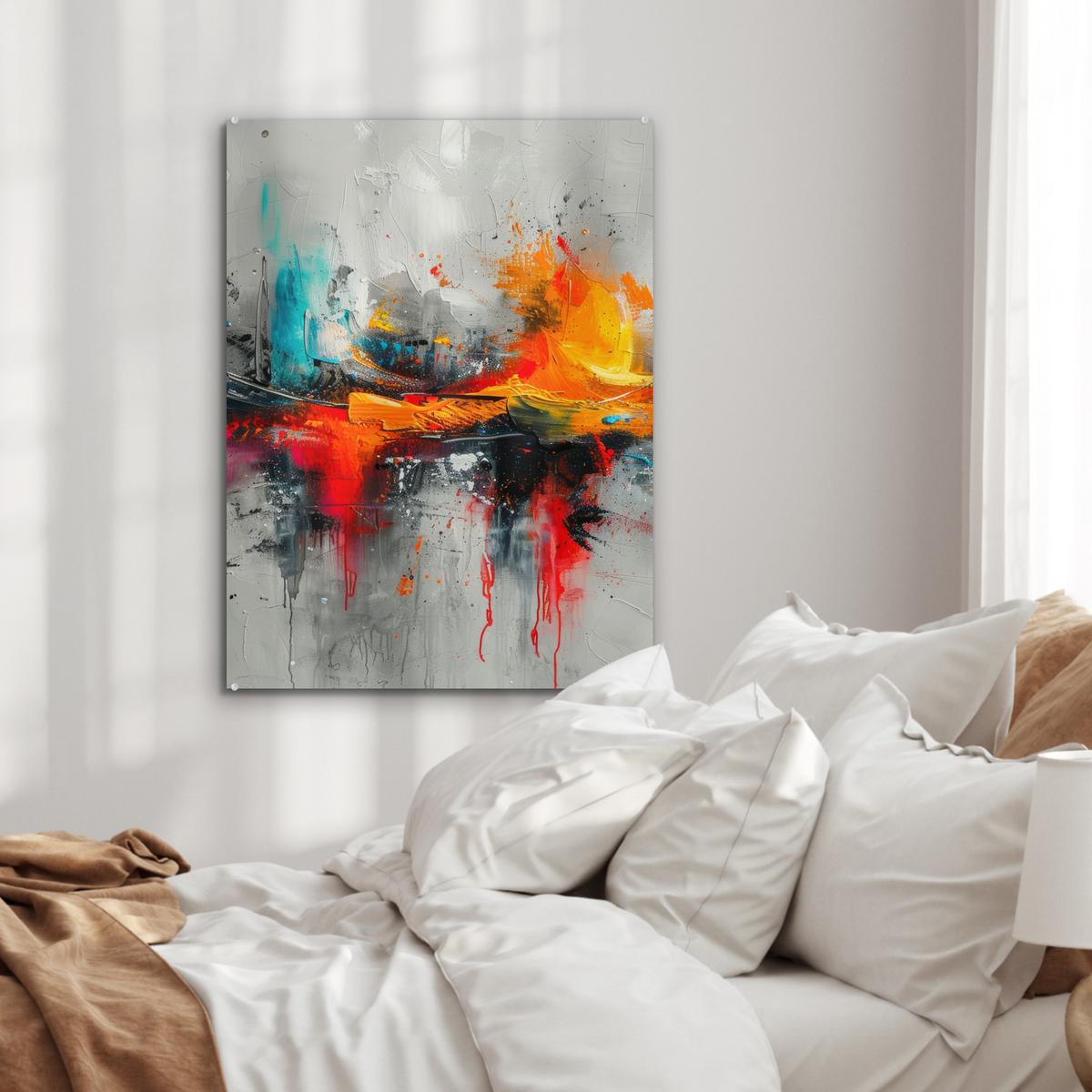 ACRYLGLASBILD Moderne Kunst - Orange - Grau - Abstrakt 60x80 cm - Hellgrau, Glas (60/80cm) - MuchoWow