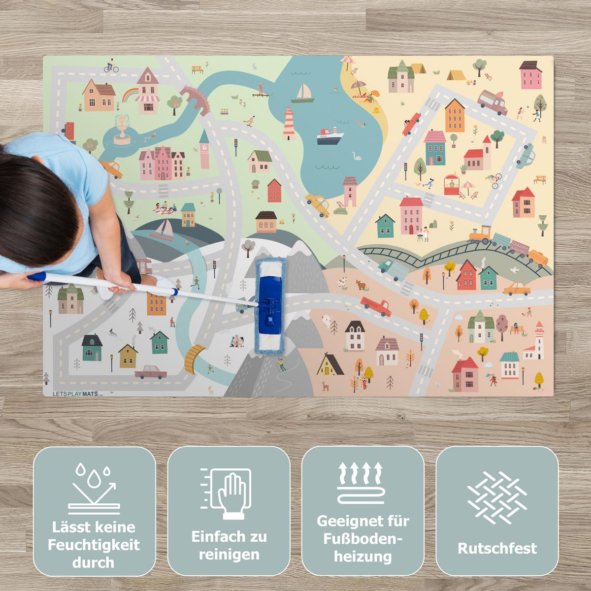 KINDERTEPPICH Jahreszeiten - Stadt - Häuser - Straße - Kinder - Auto Spielmatte 135x90 cm - Multicolor, Kunststoff (135/0.3cm) - OnlyWow